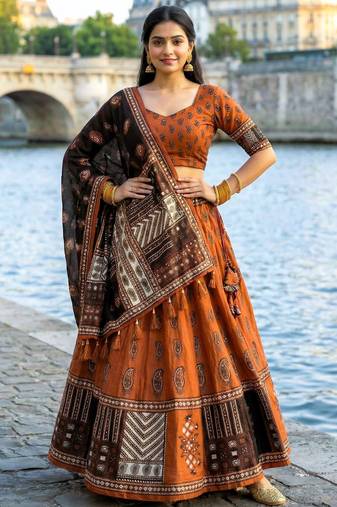 Navratri Ajarakh Print Rayon Semi Stitched Lehenga Choli & Unstitched Blouse With Dupatta