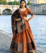Navratri Ajarakh Print Rayon Semi Stitched Lehenga Choli & Unstitched Blouse With Dupatta