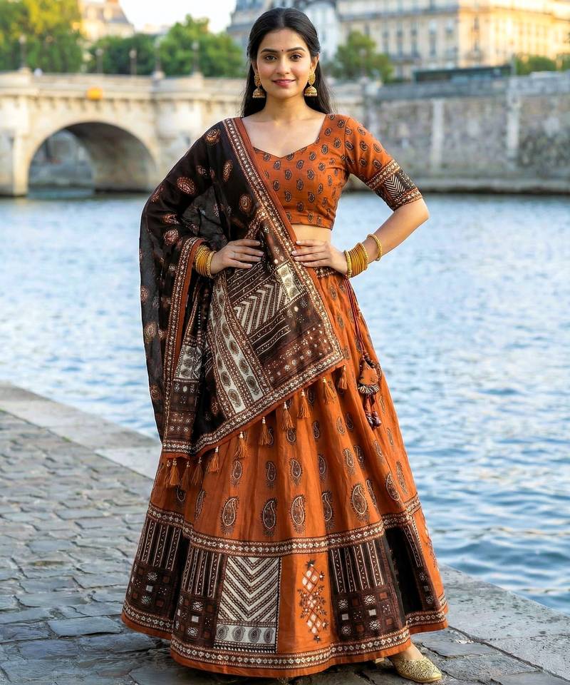 Navratri Ajarakh Print Rayon Semi Stitched Lehenga Choli & Unstitched Blouse With Dupatta