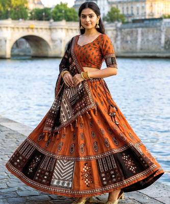 Navratri Ajarakh Print Rayon Semi Stitched Lehenga Choli & Unstitched Blouse With Dupatta 2