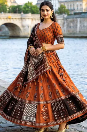 Navratri Ajarakh Print Rayon Semi Stitched Lehenga Choli & Unstitched Blouse With Dupatta