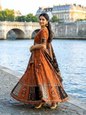 Navratri Ajarakh Print Rayon Semi Stitched Lehenga Choli & Unstitched Blouse With Dupatta 3