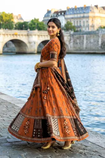 Navratri Ajarakh Print Rayon Semi Stitched Lehenga Choli & Unstitched Blouse With Dupatta