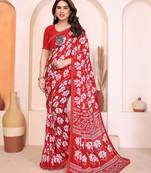 red floral georgette saree with lace border & blouse piece