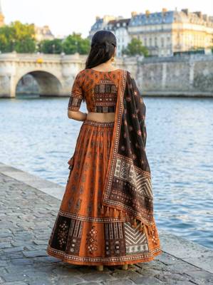 Navratri Ajarakh Print Rayon Semi Stitched Lehenga Choli & Unstitched Blouse With Dupatta 4