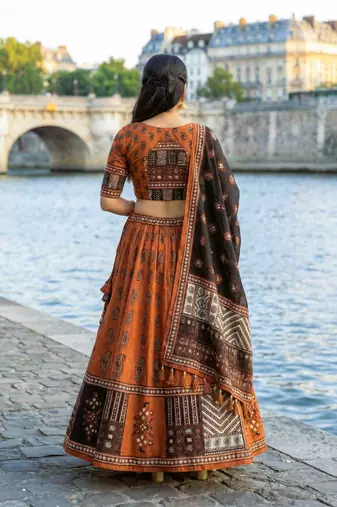 Navratri Ajarakh Print Rayon Semi Stitched Lehenga Choli & Unstitched Blouse With Dupatta