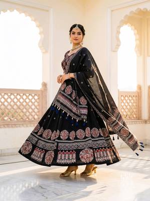 Navratri Ajarakh Print Rayon Semi Stitched Lehenga Choli & Unstitched Blouse With Dupatta 1