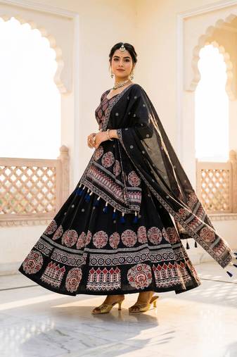 Navratri Ajarakh Print Rayon Semi Stitched Lehenga Choli & Unstitched Blouse With Dupatta
