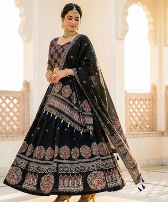Navratri Ajarakh Print Rayon Semi Stitched Lehenga Choli & Unstitched Blouse With Dupatta 2