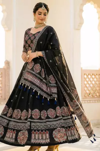 Navratri Ajarakh Print Rayon Semi Stitched Lehenga Choli & Unstitched Blouse With Dupatta