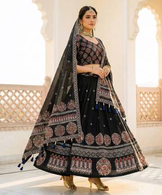 Navratri Ajarakh Print Rayon Semi Stitched Lehenga Choli & Unstitched Blouse With Dupatta 3