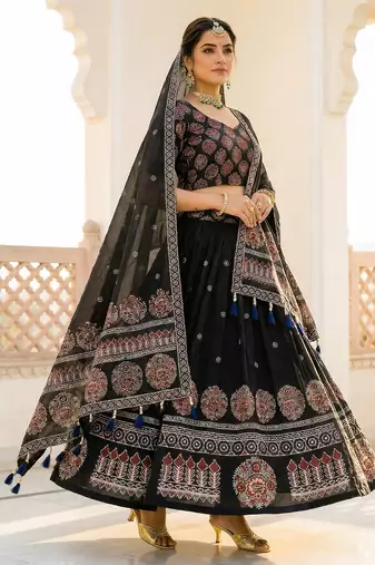 Navratri Ajarakh Print Rayon Semi Stitched Lehenga Choli & Unstitched Blouse With Dupatta