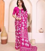 pink floral georgette saree with lace border & blouse piece