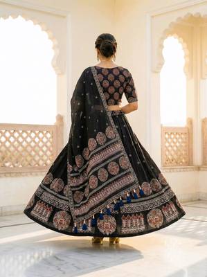 Navratri Ajarakh Print Rayon Semi Stitched Lehenga Choli & Unstitched Blouse With Dupatta 4