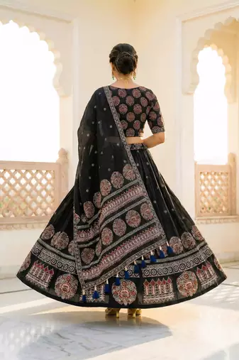 Navratri Ajarakh Print Rayon Semi Stitched Lehenga Choli & Unstitched Blouse With Dupatta
