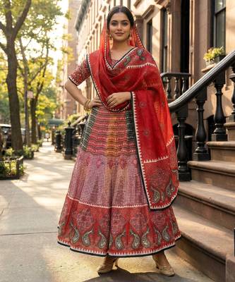 Navratri Ajarakh Print Rayon Semi Stitched Lehenga Choli & Unstitched Blouse With Dupatta 1