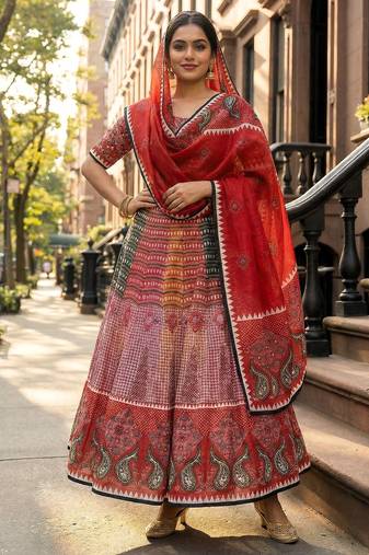 Navratri Ajarakh Print Rayon Semi Stitched Lehenga Choli & Unstitched Blouse With Dupatta
