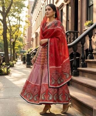 Navratri Ajarakh Print Rayon Semi Stitched Lehenga Choli & Unstitched Blouse With Dupatta 2