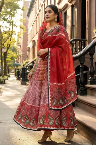 Navratri Ajarakh Print Rayon Semi Stitched Lehenga Choli & Unstitched Blouse With Dupatta