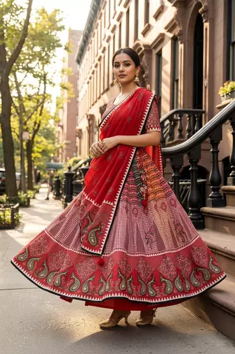 Navratri Ajarakh Print Rayon Semi Stitched Lehenga Choli & Unstitched Blouse With Dupatta