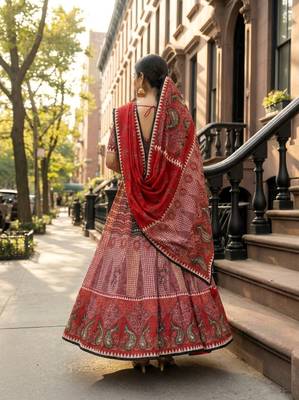 Navratri Ajarakh Print Rayon Semi Stitched Lehenga Choli & Unstitched Blouse With Dupatta 4