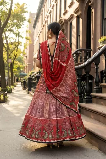 Navratri Ajarakh Print Rayon Semi Stitched Lehenga Choli & Unstitched Blouse With Dupatta