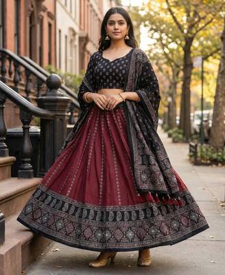 Navratri Ajarakh Print Rayon Semi Stitched Lehenga Choli & Unstitched Blouse With Dupatta 1
