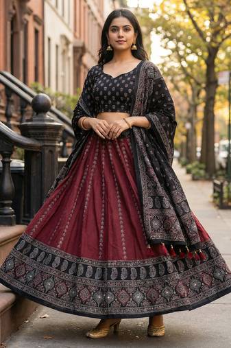 Navratri Ajarakh Print Rayon Semi Stitched Lehenga Choli & Unstitched Blouse With Dupatta
