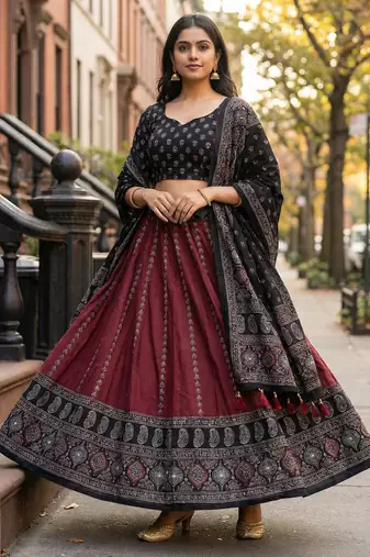 Navratri Ajarakh Print Rayon Semi Stitched Lehenga Choli & Unstitched Blouse With Dupatta