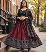 Navratri Ajarakh Print Rayon Semi Stitched Lehenga Choli & Unstitched Blouse With Dupatta