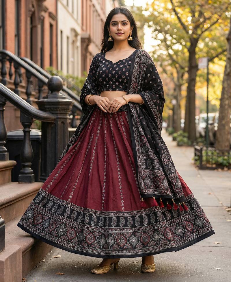 Navratri Ajarakh Print Rayon Semi Stitched Lehenga Choli & Unstitched Blouse With Dupatta