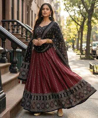 Navratri Ajarakh Print Rayon Semi Stitched Lehenga Choli & Unstitched Blouse With Dupatta 2