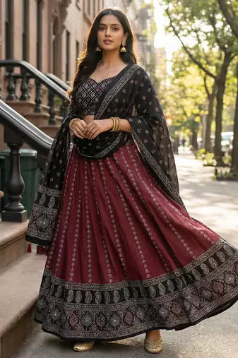 Navratri Ajarakh Print Rayon Semi Stitched Lehenga Choli & Unstitched Blouse With Dupatta