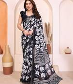 black floral georgette saree with lace border & blouse piece