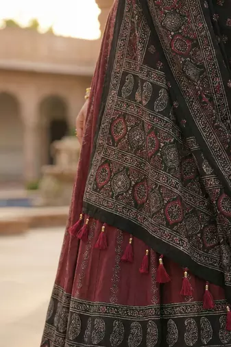 Navratri Ajarakh Print Rayon Semi Stitched Lehenga Choli & Unstitched Blouse With Dupatta