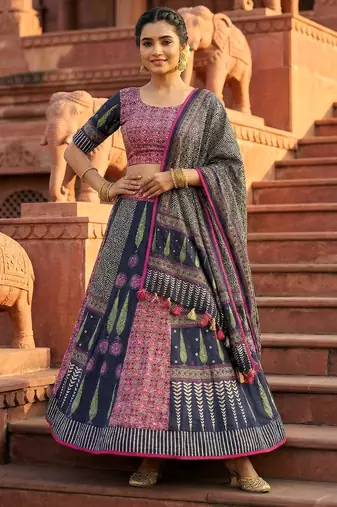Navratri Ajarakh Print Rayon Semi Stitched Lehenga Choli & Unstitched Blouse With Dupatta