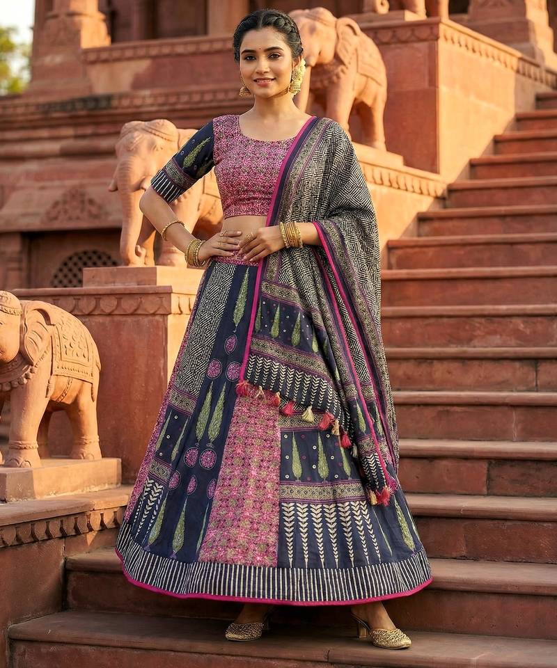 Navratri Ajarakh Print Rayon Semi Stitched Lehenga Choli & Unstitched Blouse With Dupatta