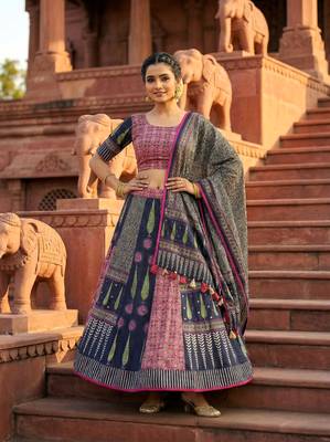 Navratri Ajarakh Print Rayon Semi Stitched Lehenga Choli & Unstitched Blouse With Dupatta 2