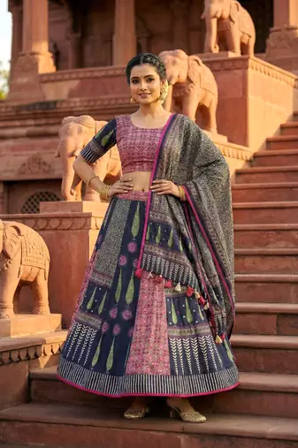 Navratri Ajarakh Print Rayon Semi Stitched Lehenga Choli & Unstitched Blouse With Dupatta