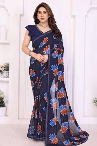 blue floral georgette saree with lace border & blouse piece
