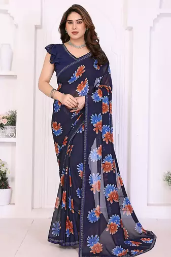 blue floral georgette saree with lace border & blouse piece