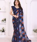 blue floral georgette saree with lace border & blouse piece