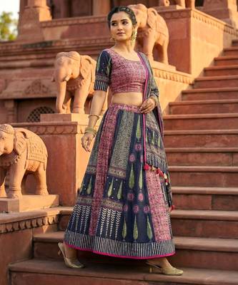 Navratri Ajarakh Print Rayon Semi Stitched Lehenga Choli & Unstitched Blouse With Dupatta 3