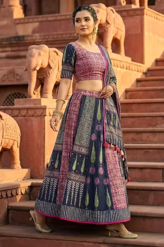 Navratri Ajarakh Print Rayon Semi Stitched Lehenga Choli & Unstitched Blouse With Dupatta