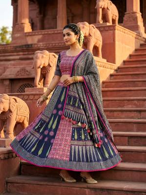Navratri Ajarakh Print Rayon Semi Stitched Lehenga Choli & Unstitched Blouse With Dupatta 4