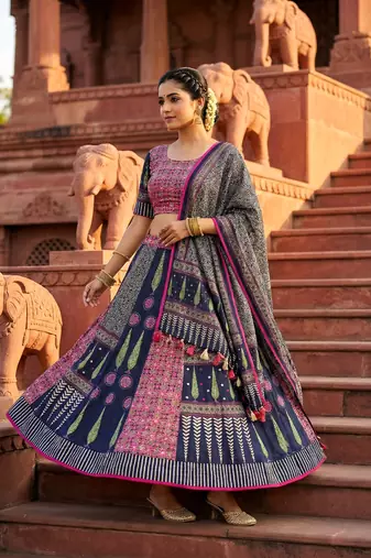 Navratri Ajarakh Print Rayon Semi Stitched Lehenga Choli & Unstitched Blouse With Dupatta