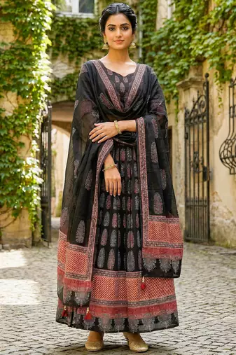 Navratri Ajarakh Print Rayon Semi Stitched Lehenga Choli & Unstitched Blouse With Dupatta