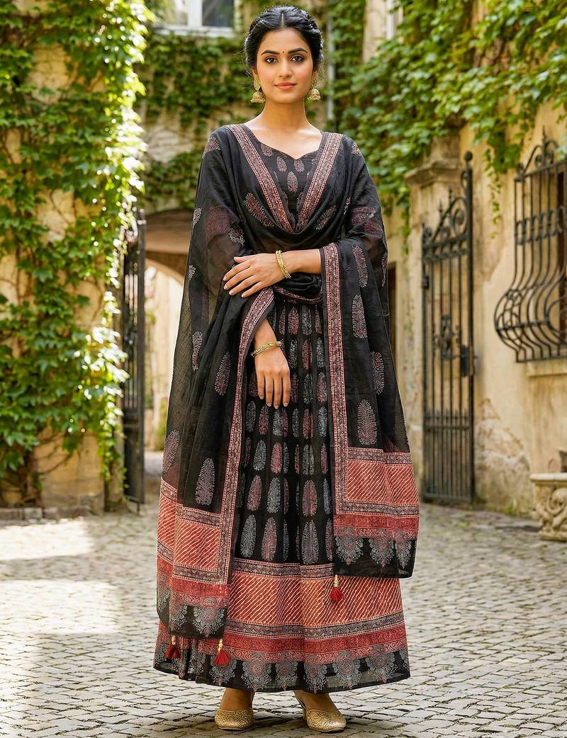 Navratri Ajarakh Print Rayon Semi Stitched Lehenga Choli & Unstitched Blouse With Dupatta