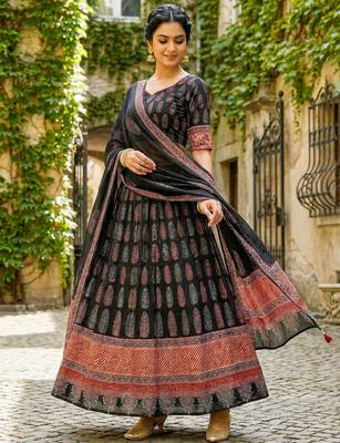 Navratri Ajarakh Print Rayon Semi Stitched Lehenga Choli & Unstitched Blouse With Dupatta 2