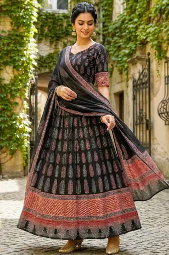 Navratri Ajarakh Print Rayon Semi Stitched Lehenga Choli & Unstitched Blouse With Dupatta